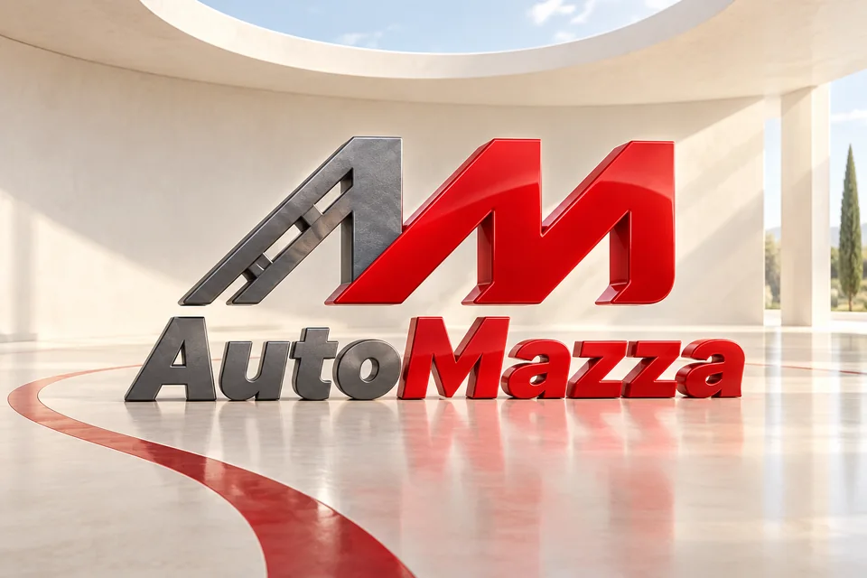 Logo AutoMazza tridimensionale rosso e grafite in uno spazio luminoso